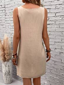 EMERY ROSE 素色雙口袋背心洋裝 - 卡其色 - 查看 2