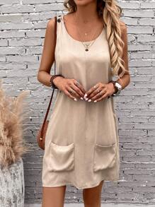 EMERY ROSE 素色雙口袋背心洋裝 - 卡其色 - 查看 3