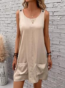 EMERY ROSE 素色雙口袋背心洋裝 - 卡其色 - 查看 4