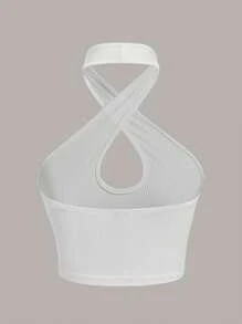 SHEIN ICON Solid Criss Cross Halter Top - White - View 2