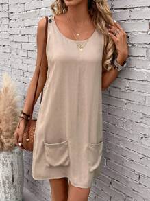 EMERY ROSE 素色雙口袋背心洋裝 - 卡其色 - 查看 5