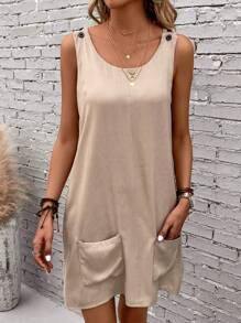 EMERY ROSE 素色雙口袋背心洋裝 - 卡其色 - 查看 6