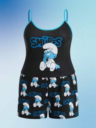 ROMWE X The Smurfs Große Größen Pyjama Set mit Cartoon Grafik Kontrastbesatz, Schule