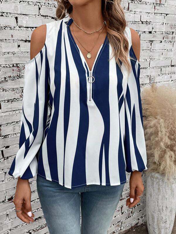 EMERY ROSE Striped Print Cold Shoulder Half Zip Blouse