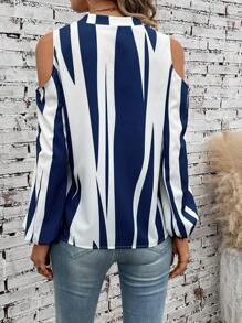 EMERY ROSE 條紋印花挖肩半拉鏈襯衫 - 藍白色 - 查看 2