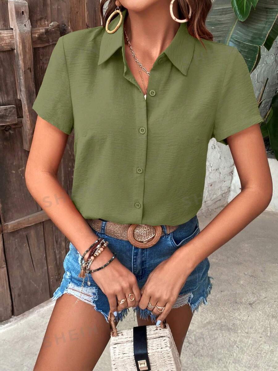 EMERY ROSE Blusas de Mujer Botón delantero Liso Casual - Verde Oliva - Ver 1