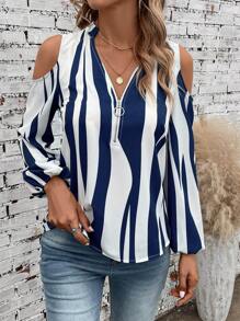 EMERY ROSE 條紋印花挖肩半拉鏈襯衫 - 藍白色 - 查看 3