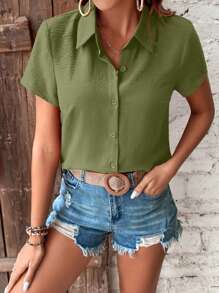EMERY ROSE Solid Button Front Shirt - Olive Green - View 3