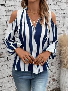 EMERY ROSE 條紋印花挖肩半拉鏈襯衫 - 藍白色 - 查看 4