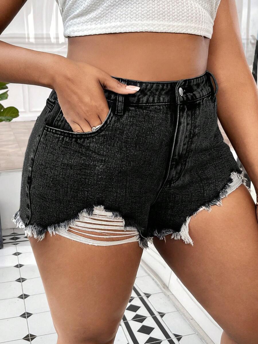 SHEIN SXY 大碼破洞毛邊牛仔短褲