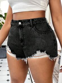SHEIN SXY 大碼破洞毛邊牛仔短褲