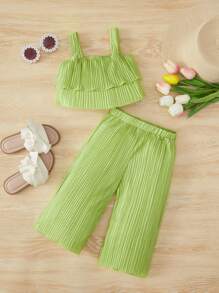 SHEIN Baby Girl Ruffle Trim Cami Top & Wide Leg Trousers - Lime Green - View 1