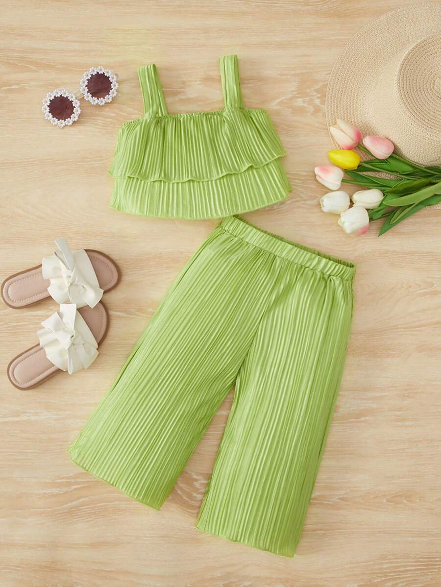 SHEIN Baby Girl Ruffle Trim Cami Top & Wide Leg Trousers - Lime Green - View 1