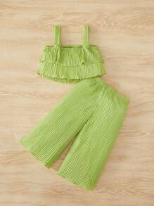 SHEIN Baby Girl Ruffle Trim Cami Top & Wide Leg Trousers - Lime Green - View 2