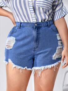 大碼破洞毛邊牛仔短褲 - 中等水洗藍 - 查看 1