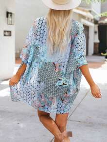 Acelitt Summer Women's Bohemian Style Polka Dot Printed Bat Sleeves, Loose Casual Kimono Cover, Travel Beach Vacation