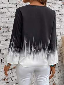 EMERY ROSE Colorblock Lace Trim Blouse,Long Sleeve Tops