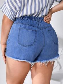 大碼破洞毛邊牛仔短褲 - 中等水洗藍 - 查看 2