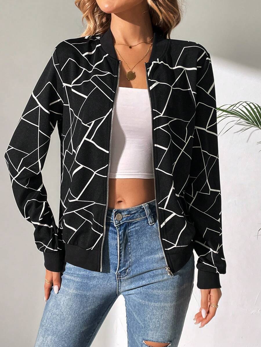 SHEIN Tall Geo Print Zip Up Bomber Jacket - Black - View 1