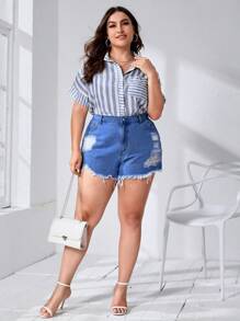 大碼破洞毛邊牛仔短褲 - 中等水洗藍 - 查看 4