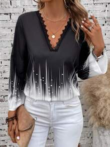 EMERY ROSE Colorblock Lace Trim Blouse,Long Sleeve Tops