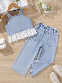 Young Girl Ruffle Hem Denim Cami Top & Jeans - Light Wash - View 2