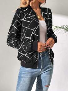 SHEIN Tall Geo Print Zip Up Bomber Jacket - Black - View 5