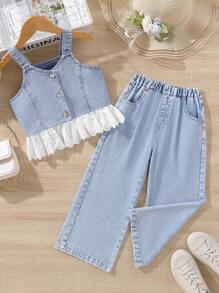 Young Girl Ruffle Hem Denim Cami Top & Jeans - Light Wash - View 1