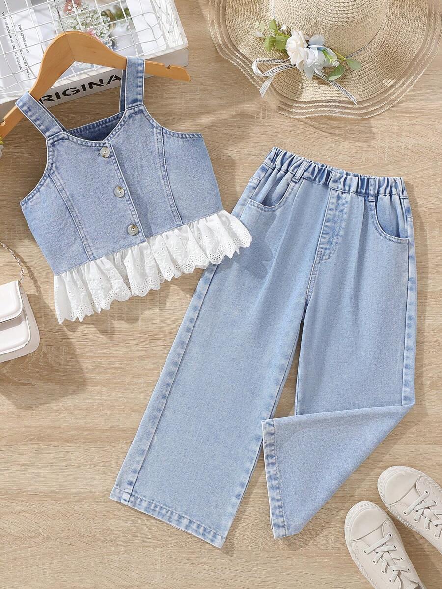 Young Girl Ruffle Hem Denim Cami Top & Jeans - Light Wash - View 1
