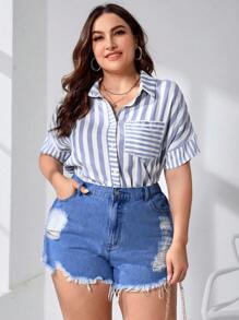 大碼破洞毛邊牛仔短褲 - 中等水洗藍 - 查看 5