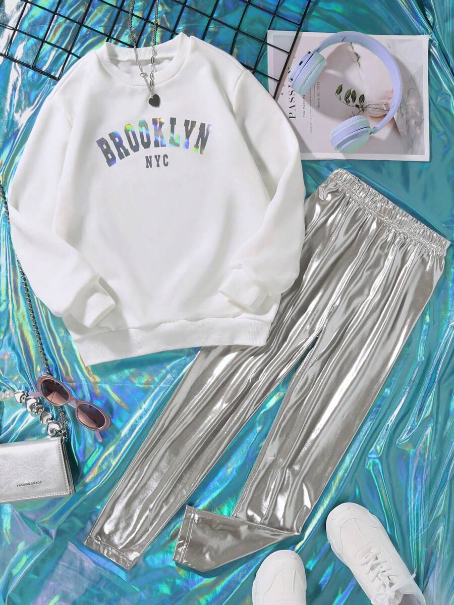 SHEIN Cô gái Tween Đồ họa Chữ cái Áo chui đầu & Kim loại Quần - Nhiều màu - Xem 1