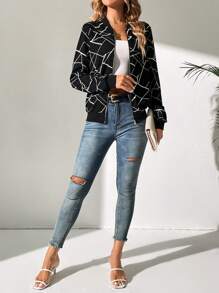 SHEIN Tall Geo Print Zip Up Bomber Jacket - Black - View 6