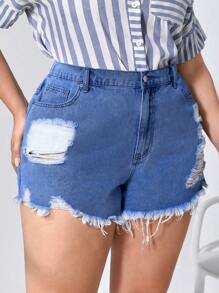 大碼破洞毛邊牛仔短褲 - 中等水洗藍 - 查看 6