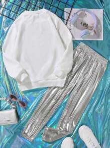 SHEIN Cô gái Tween Đồ họa Chữ cái Áo chui đầu & Kim loại Quần - Nhiều màu - Xem 2