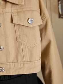 Cô gái Tween Đồ họa Chữ cái Thả vai Áo khoác denim - Màu Khaki - Xem 4