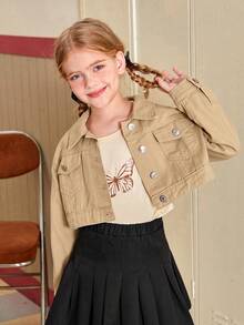 Cô gái Tween Đồ họa Chữ cái Thả vai Áo khoác denim - Màu Khaki - Xem 5