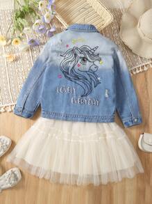Tween Girl 1pc Unicorn & Letter Embroidery Denim Jacket - Light Wash - View 1