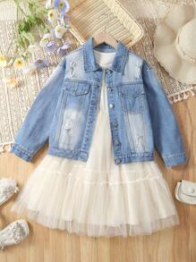 Tween Girl 1pc Unicorn & Letter Embroidery Denim Jacket - Light Wash - View 2