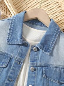 Tween Girl 1pc Unicorn & Letter Embroidery Denim Jacket - Light Wash - View 3