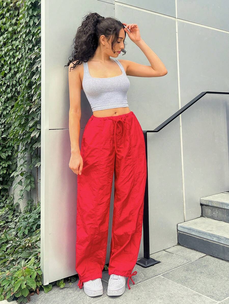 SHEIN EZwear Drawstring Waist Parachute Pants - Red - View 1