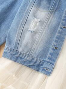 Tween Girl 1pc Unicorn & Letter Embroidery Denim Jacket - Light Wash - View 6