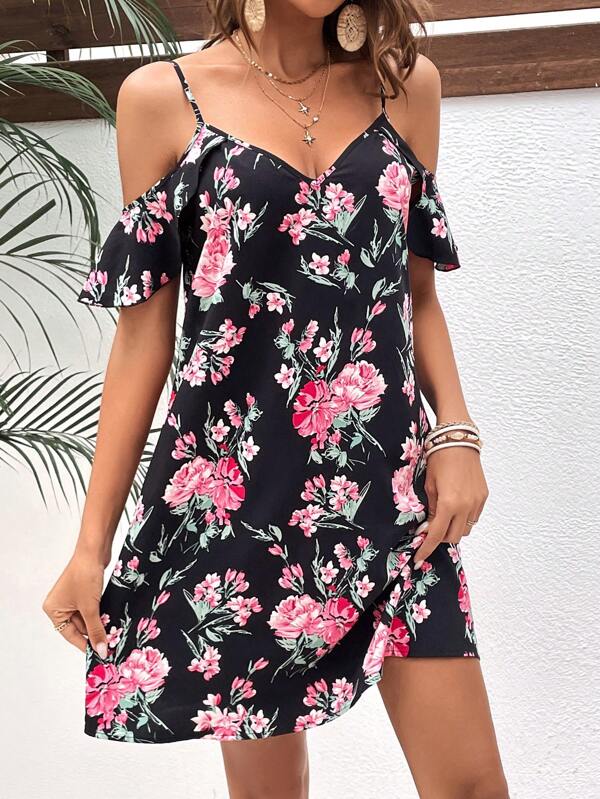 SHEIN VCAY Rochie cu volane cu umeri reci cu imprimeu floral