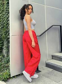 SHEIN EZwear Drawstring Waist Parachute Pants - Red - View 2