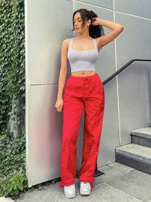 SHEIN EZwear Drawstring Waist Parachute Pants - Red - View 3
