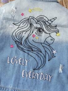 Tween Girl 1pc Unicorn & Letter Embroidery Denim Jacket - Light Wash - View 8