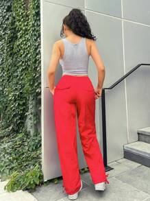 SHEIN EZwear Drawstring Waist Parachute Pants - Red - View 4