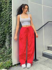 SHEIN EZwear Drawstring Waist Parachute Pants - Red - View 5
