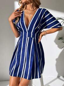 SHEIN Tall 條紋印花深V領褶皺細節洋裝 - 藏蓝色 - 查看 4