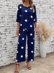 EMERY ROSE Polka Dot Print Drop Shoulder Blouse & Wide Leg Pants