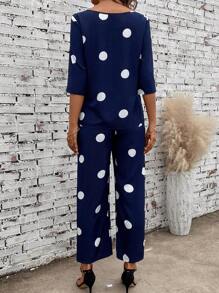 EMERY ROSE Polka Dot Print Drop Shoulder Blouse & Wide Leg Pants